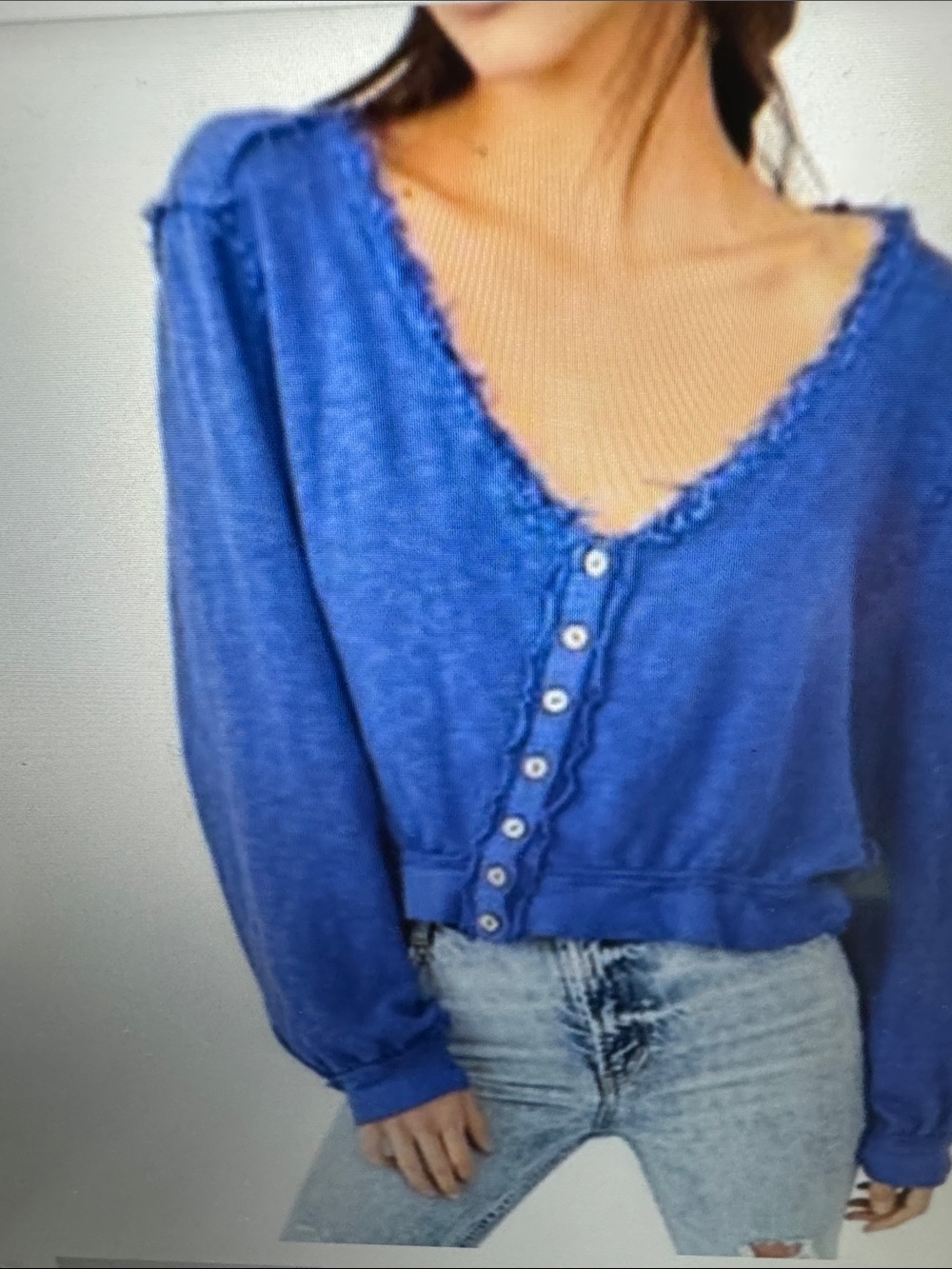 Blue Button-Front V-Neck Ruffle Trim Top